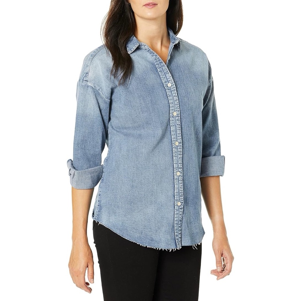 Hudson Vintage Indigo Denim Shirt Long Sleeve Button Down Raw Hem Light Blue